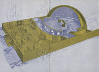 Sketch of Abrams planetarium from above with a cut away to see the interior lobby space and theater chairs and projector. 