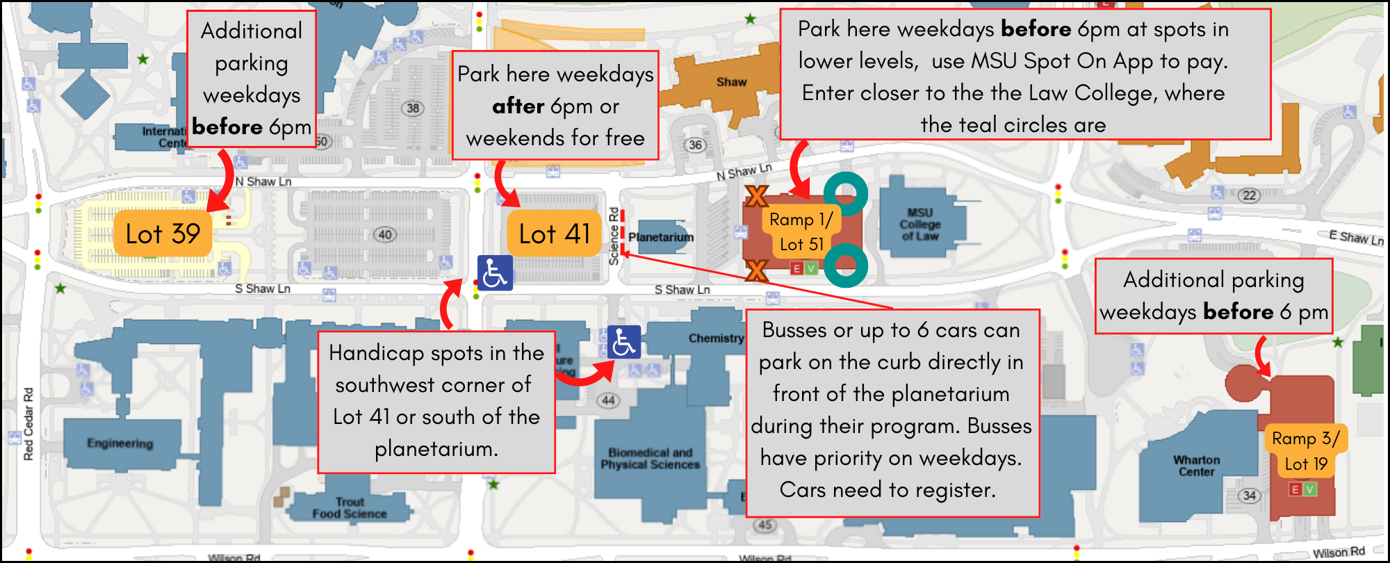 Map near MSU's campus showing various locations you can park
