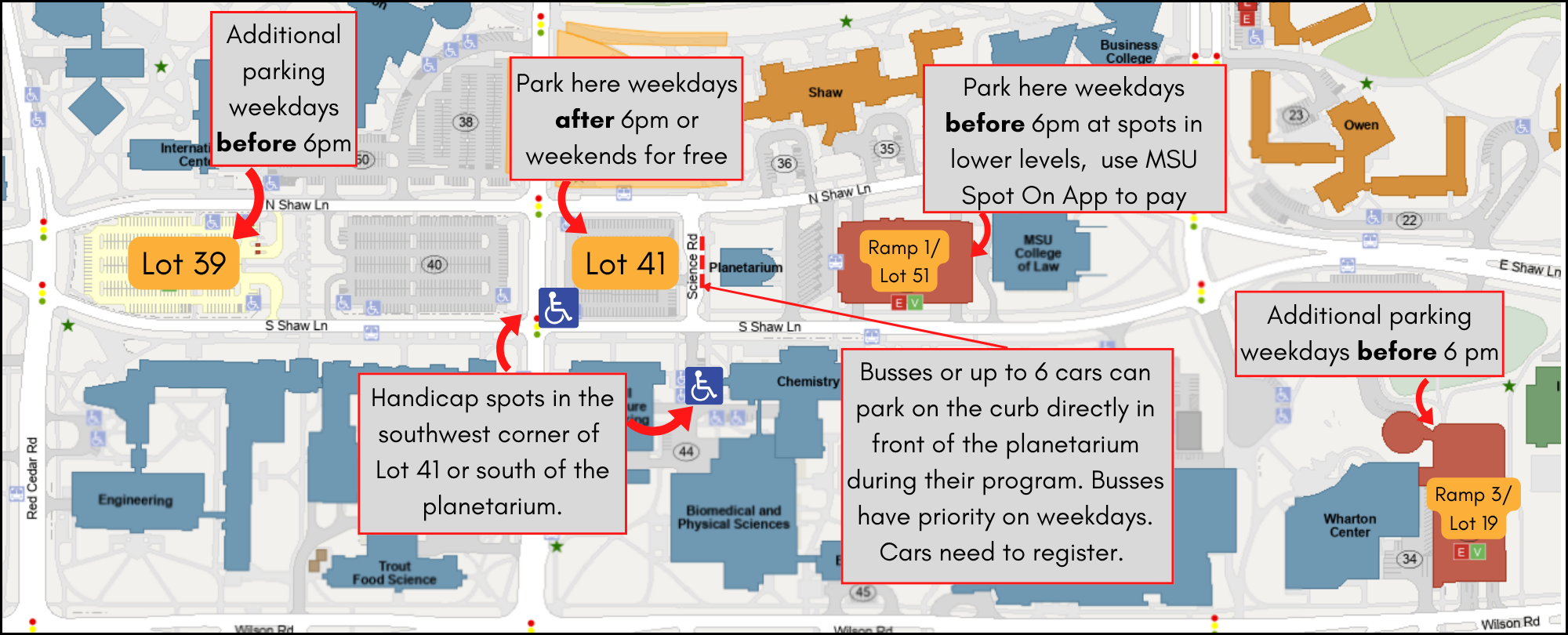 Map showing parking available near the planetarium.