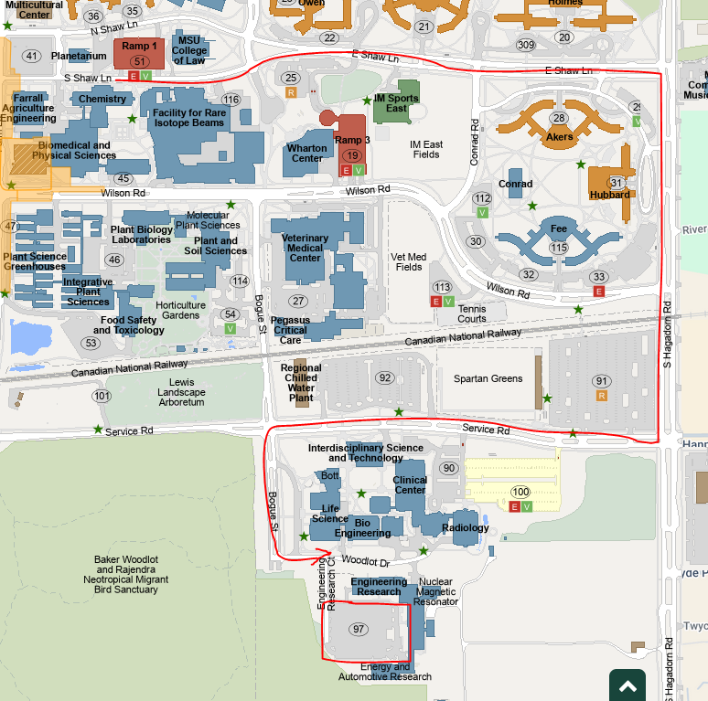 Map of a wider view of campus to show where buses can park during the show
