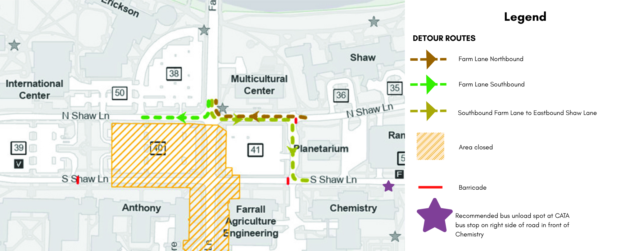 Map of the immediate area around Abrams with detour routes and bus parking