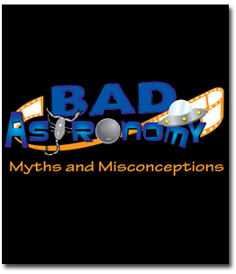 Black box with text reading"Bad Astronomy." The text is surrounded by a scorpion, movie film, and a UFO.