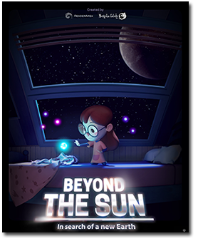 Girl sitting on her bed while looking at small floating bright lights. In the background is a large window with the night sky and a large planet.