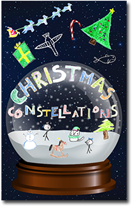 Snow globe with tree, snowman, people, cat, and a rocking horse inside. Above is a gift box, tree, candy cane, Santa's sleigh, and constellations.