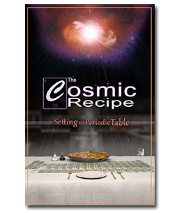 Table setting with periodic table and a galaxy pictured above.