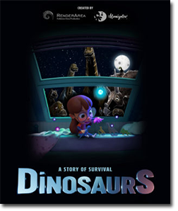 Young girl sitting on a bed and playing with dinosaur toys. Dinosaurs look in at her through a window in the background.