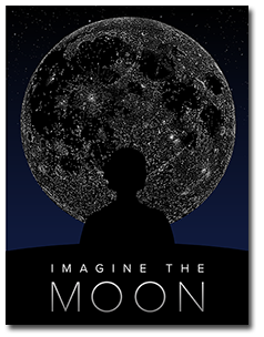 Sillouette of a person in front of an image of the Moon.