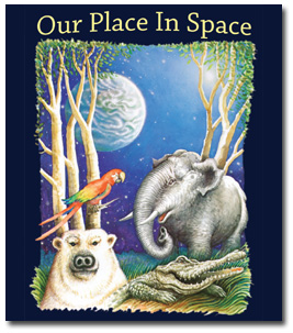 Polar bear, elephant, crocodile, and parrot in front of trees and stars.