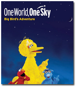 Elmo, Big Bird, and Hu Hu Zhu pointing at the stars in the night sky.