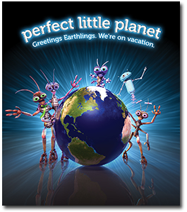 4 Aliens and a robot waving near the Earth.
