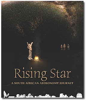 Silhouette raising arms near campfire with three other silhouettes in the background. In the sky above are stars.