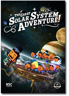 Platform floating over Earth with cartoon characters hanging off of a rail. Jupiter, Venus, Saturn, Mars, and Neptune are in the background with constellations between them.