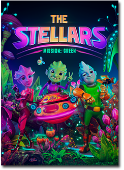 Three alien children smiling while standing on an alien planet.