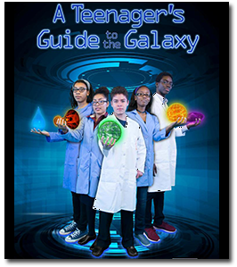 Five children in lab coats holding colored orbs of light.