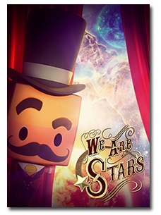 Block-headed cartoon character with mustache, top hat, and red suit standing in front of red curtains and a nebula in the background.