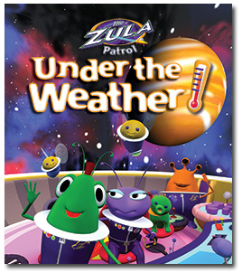 Five aliens and their dog in a spaceship with a gas giant planet in the background.