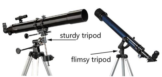 Shows a sturdy telescope on the left with a metal mount and a counter weight and on the right is a flimsy plastic u shaped mount.